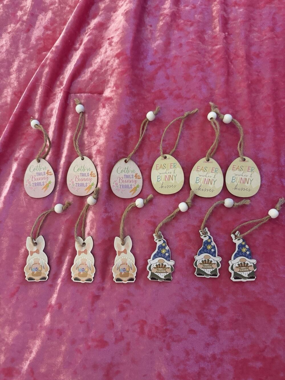 Lot of 12 Decorative Wooden Ornaments Easter Eggs Gnomes Bunny